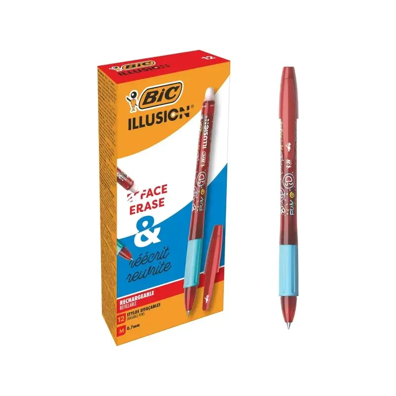 Bic Illusions Boligrafo Borrable - Punta Media de 0.7mm - Grip de Goma - Recargable - Color Rojo | Ahorro Imprimiendo