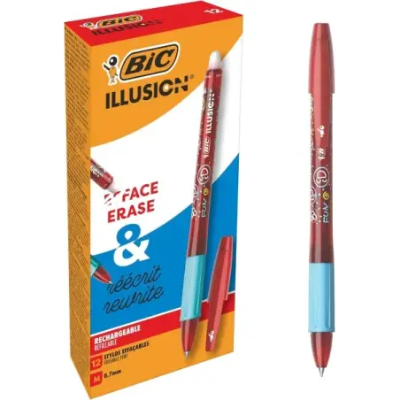 Bic Illusions Boligrafo Borrable - Punta Media de 0.7mm - Grip de Goma - Recargable - Color Rojo | Ahorro Imprimiendo