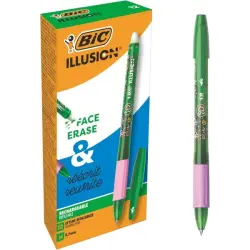 Bic Illusions Boligrafo Borrable - Punta Media de 0.7mm - Grip de Goma - Recargable - Color Verde | Ahorro Imprimiendo