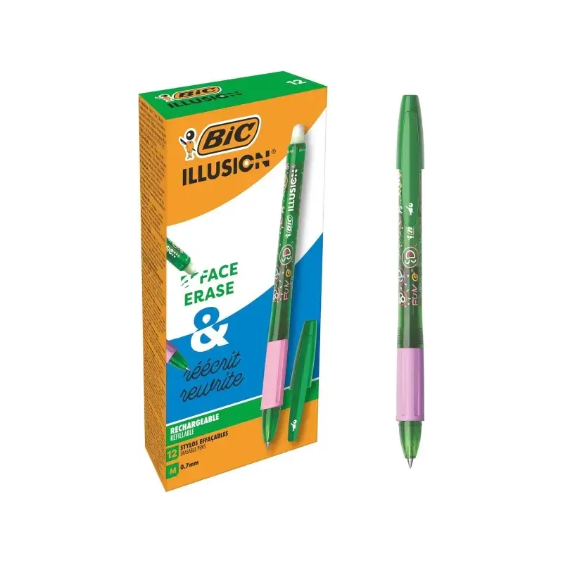 Bic Illusions Boligrafo Borrable - Punta Media de 0.7mm - Grip de Goma - Recargable - Color Verde | Ahorro Imprimiendo