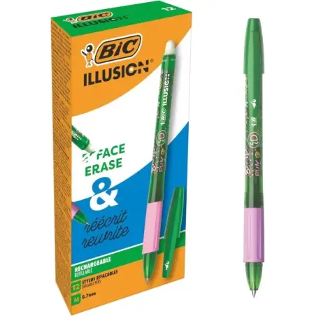 Bic Illusions Boligrafo Borrable - Punta Media de 0.7mm - Grip de Goma - Recargable - Color Verde | Ahorro Imprimiendo