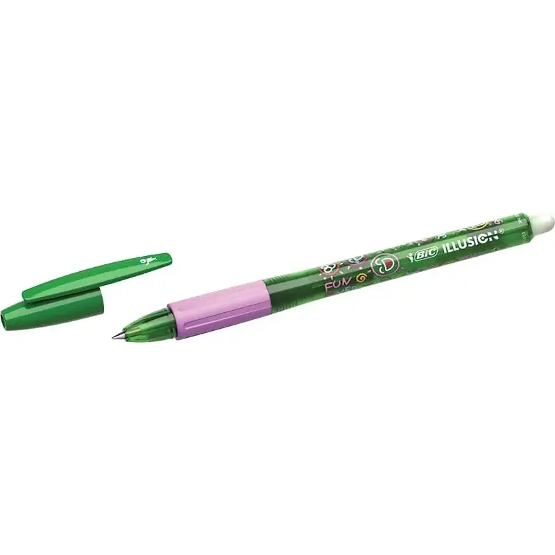 Bic Illusions Boligrafo Borrable - Punta Media de 0.7mm - Grip de Goma - Recargable - Color Verde | Ahorro Imprimiendo