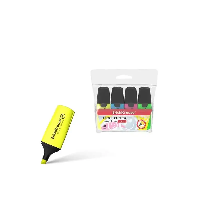 Erichkrause Visioline Mini Pack de 4 Marcadores - Miniformato con Divertidos Emoticonos - Colores: Amarillo, Verde, Azul, Rosa -