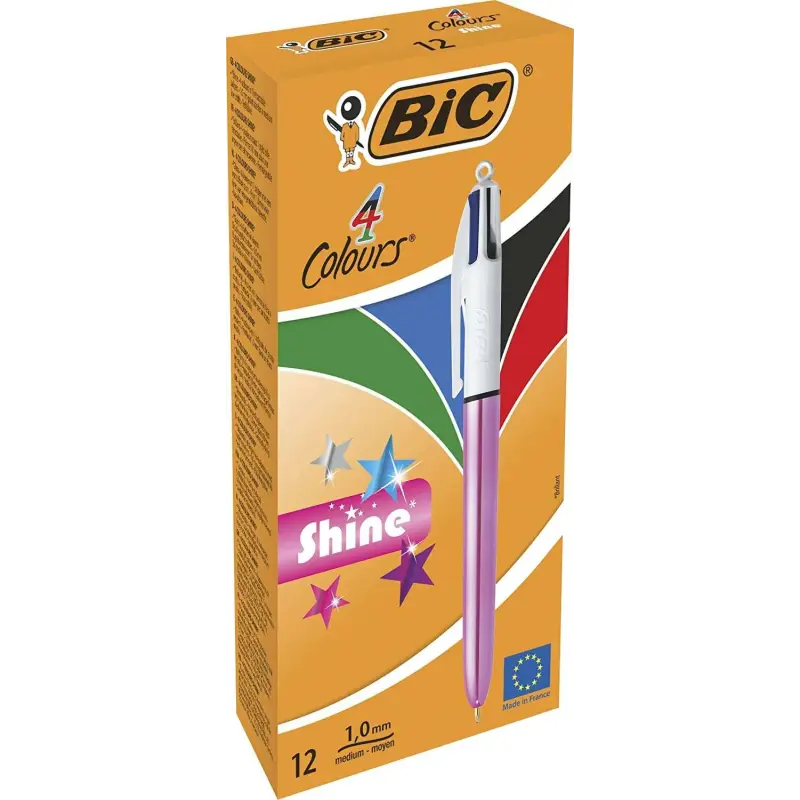 Bic 4 Colours Shine Boligrafo de Bola Retractil - Punta de 1mm - Trazo de 0.4mm - Tinta con Base de Aceite - Cuerpo Rosa Metaliz