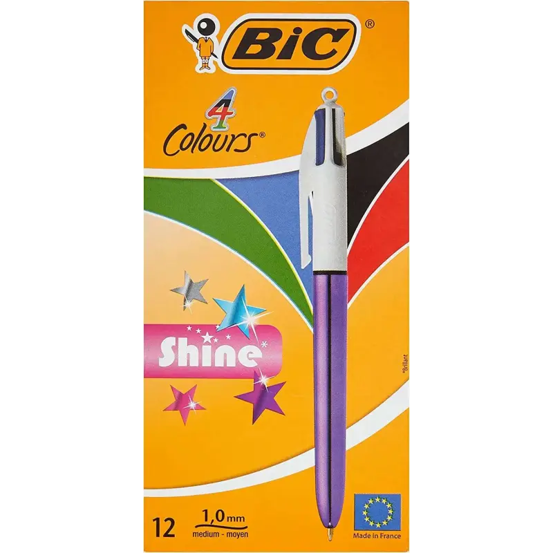 Bic 4 Colours Shine Boligrafo de Bola Retractil - Punta de 1mm - Trazo de 0.4mm - Tinta con Base de Aceite - Cuerpo Morado Metal
