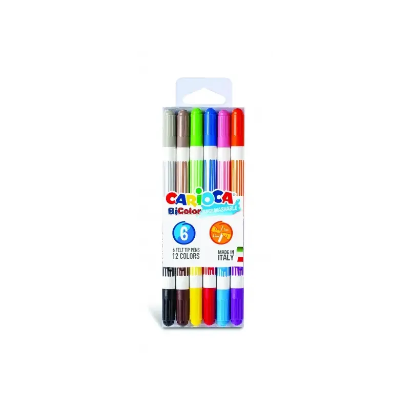 Carioca Bicolor Pack de 6 Rotuladores - Dos Colores por Rotulador - Tinta Superlavable - Punta Conica para Doble Trato de Escrit