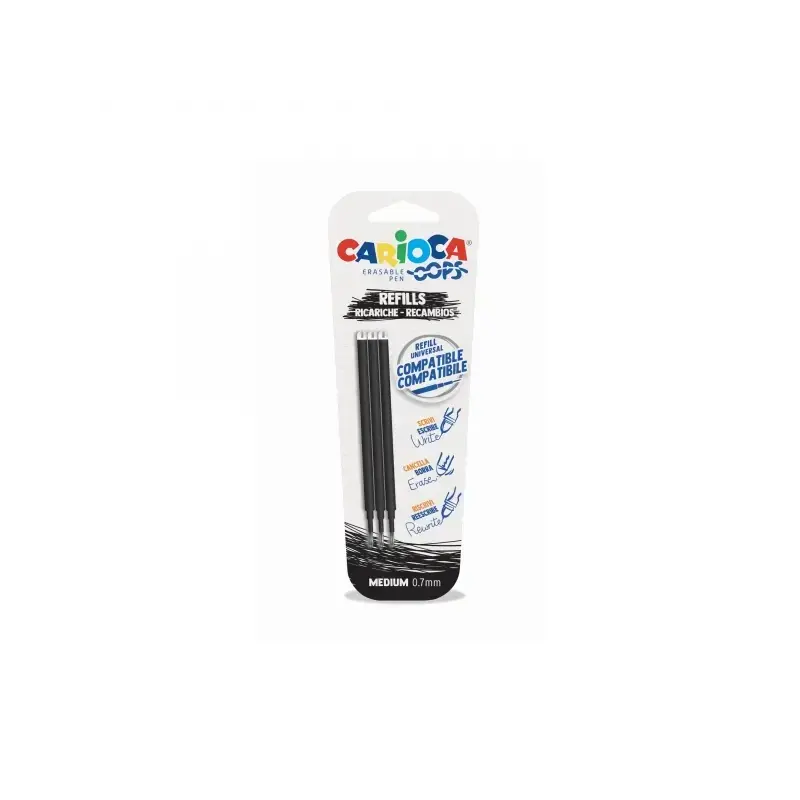Carioca Oops Pack de 3 Recambios para Boligrafo Borrable - Tinta Termo Sensible - Punta de 0.7mm - Compatibles con Boligrafo Oop