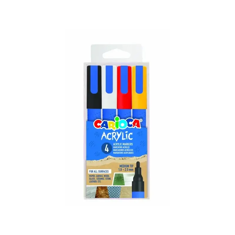 Carioca Acrylic Pack de 4 Marcadores de Pintura Acrilica - Punta Redonda Media 1.8-2.5mm - Tinta a Base de Agua - Alta Cobertura