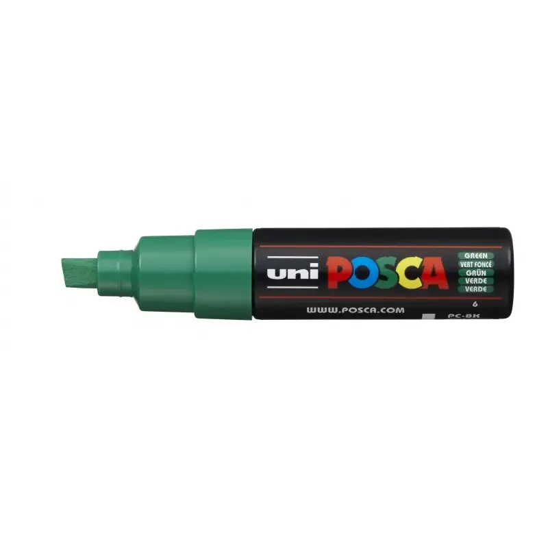 Posca PC-8K Marcador de Pintura Base al Agua - Punta Biselada Acrilica 8mm - Linea Gruesa - Resistente a la Luz - Color Verde |
