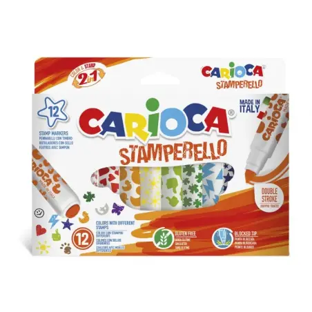 Carioca Stamperello Pack de 12 Rotuladores de Doble Punta - Punta Conica - Punta con Sellos - Tinta Lavable - Color Varios | Aho