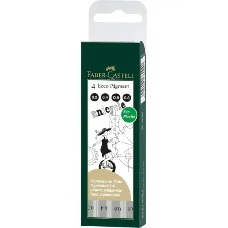 Faber-Castell Ecco Pigment Pack de 4 Rotuladores Calibrados 0.2, 0.4, 0.6, 0.8mm - Punta Engastada en Metal - Tinta Pigmentada R