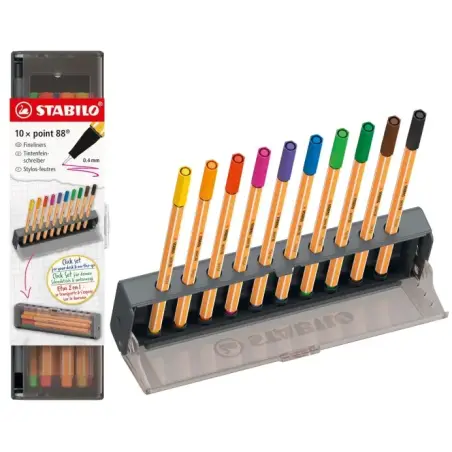 Stabilo Point 88 Set de Mesa con 10 Rotuladores de Punta de Fibra - Trazo de 0.4mm aprox. - Tinta con Base de Agua - Colores Sur