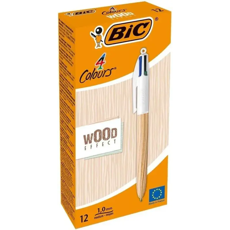 Bic 4 Colours Wood Style Boligrafo de Bola Retractil - Punta Media de 1.0mm - Tinta con Base de Aceite - Diseño Madera - 4 Color