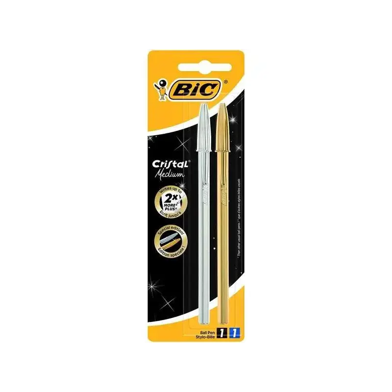 Bic Cristal Shine Pack de 2 Boligrafos de Bola - Punta Media de 1.0mm - Tinta con Base de Aceite - Cuerpo Plateado y Dorado - Co