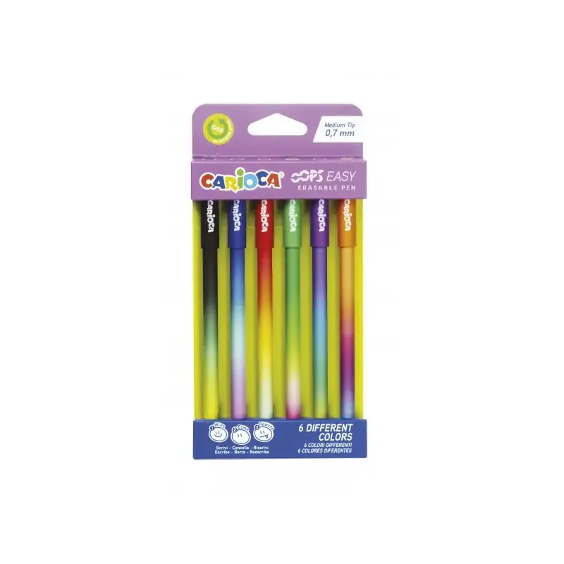 Carioca Oops Easy Pack de 6 Boligrafos Borrables con Punta de Ø 0.7mm - Tinta Termo Sensible - Cuerpo con Efecto Degradado de Co