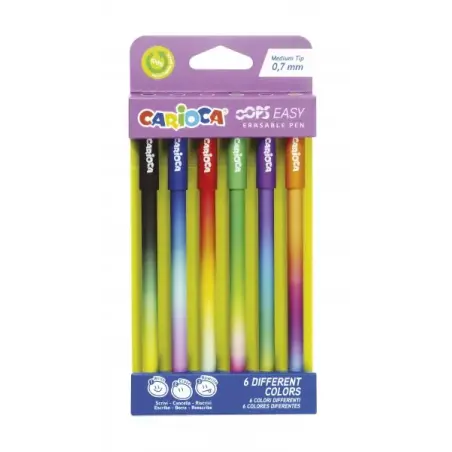 Carioca Oops Easy Pack de 6 Boligrafos Borrables con Punta de Ø 0.7mm - Tinta Termo Sensible - Cuerpo con Efecto Degradado de Co
