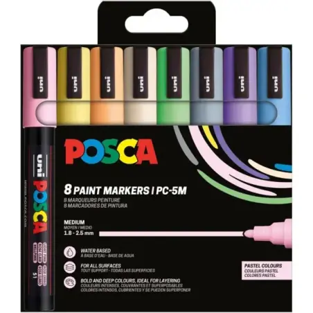 Posca PC-5M/8C Estuche de 8 Marcadores de Pintura - Punta de Bala 1.8-2.5mm - Tinta Base al Agua - Resistente a la Luz - No Perm