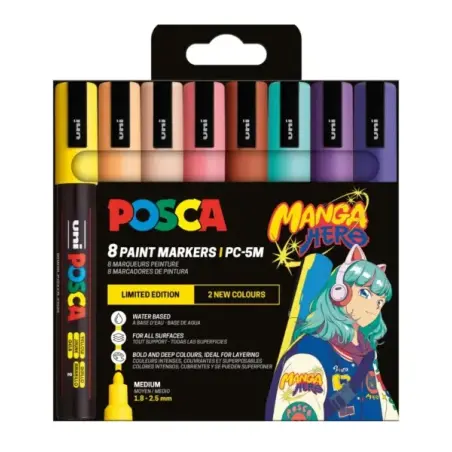 Posca Manga Hero Edicion Limitada PC-5M Pack con 8 Marcadores de Pintura - Punta de Bala 1.8-2.5mm - Tinta Base al Agua - Resist