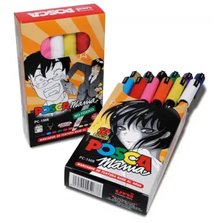 Posca PC-1MR Pack de 12 Marcadores de Pintura - Punta Roller de Fibra 0.7mm - Tinta Base al Agua - Resistente a la Luz - No Perm