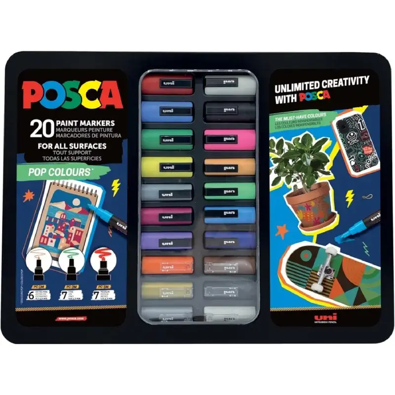 Posca Pop Colours Maleta Metalica con 20 Marcadores de Pintura - Surtido en Color y Trazo - Punta de Poliester - Tinta Pigmentad