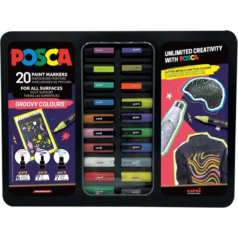 Posca Groovy Colours Maleta Metalica con 20 Marcadores de Pintura - Surtido en Color y Trazo - Punta de Poliester - Tinta Pigmen