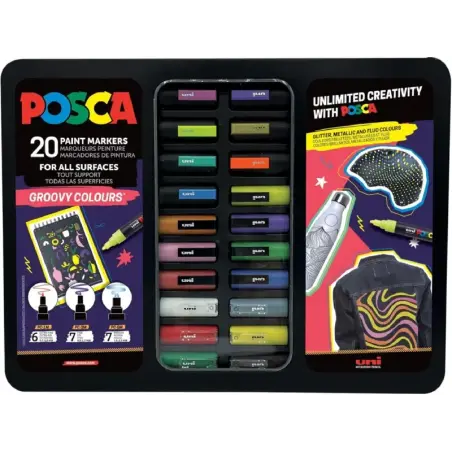 Posca Groovy Colours Maleta Metalica con 20 Marcadores de Pintura - Surtido en Color y Trazo - Punta de Poliester - Tinta Pigmen
