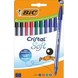 Bic Cristal Soft Pack de 10 Boligrafos de Bola - Punta Media de 1.2mm - Trazo 0.45mm - Escritura mas Fluida - Colores Surtidos |
