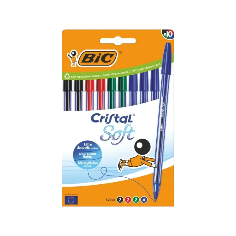 Bic Cristal Soft Pack de 10 Boligrafos de Bola - Punta Media de 1.2mm - Trazo 0.45mm - Escritura mas Fluida - Colores Surtidos |