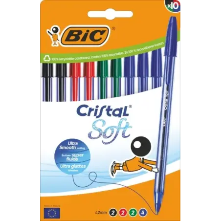Bic Cristal Soft Pack de 10 Boligrafos de Bola - Punta Media de 1.2mm - Trazo 0.45mm - Escritura mas Fluida - Colores Surtidos |