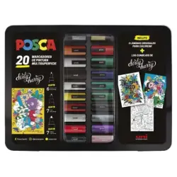 Posca Maleta Metalica con 20 Marcadores de Pintura - Surtido en Color y Trazo - Punta de Poliester - Tinta Pigmentada Base Agua