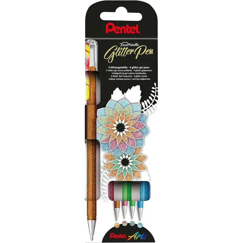 Pentel Hybrid Dual Metallic Pack de 4 Boligrafos de Bola con Tinta Gel Brillante - Punta 1mm - Trazo 0.5mm - Colores Brillantes