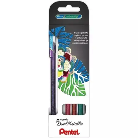 Pentel Hybrid Dual Metallic Pack de 4 Boligrafos de Bola con Tinta Gel Brillante - Punta 1mm - Trazo 0.5mm - Colores Brillantes