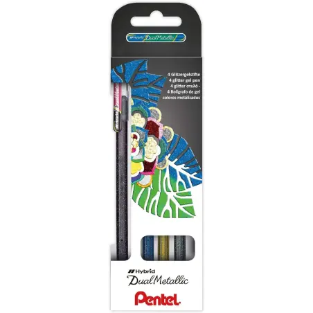 Pentel Hybrid Dual Metallic Pack de 4 Boligrafos de Bola con Tinta Gel Brillante - Punta 1mm - Trazo 0.5mm - Colores Brillantes