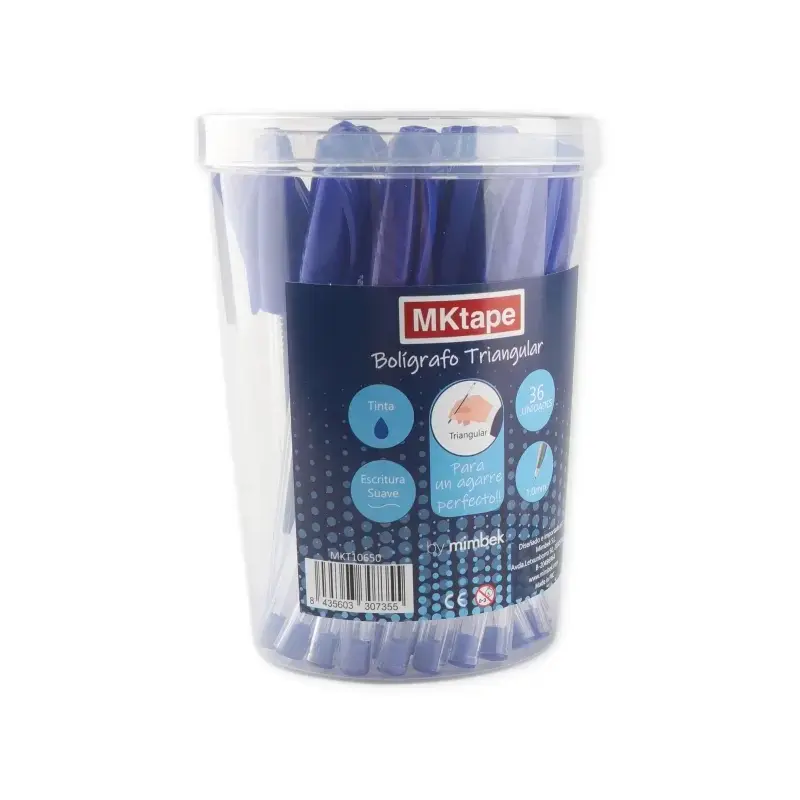 MKtape Pack de 36 Boligrafos Triangulares de Bola - Punta Redonda de 1.0mm - Escritura Suave - Color Azul | Ahorro Imprimiendo