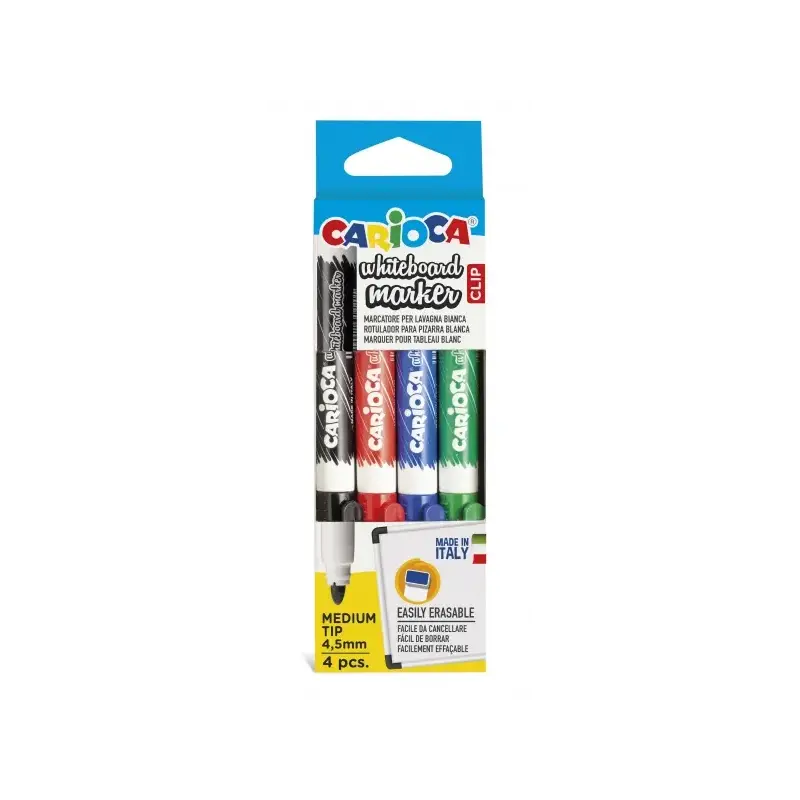 Carioca Whiteboard Clip Pack de 4 Rotuladores Borrables para Pizarras Blancas - Punta Media - Punta de Ø 4.5mm - Tapa con Clip -