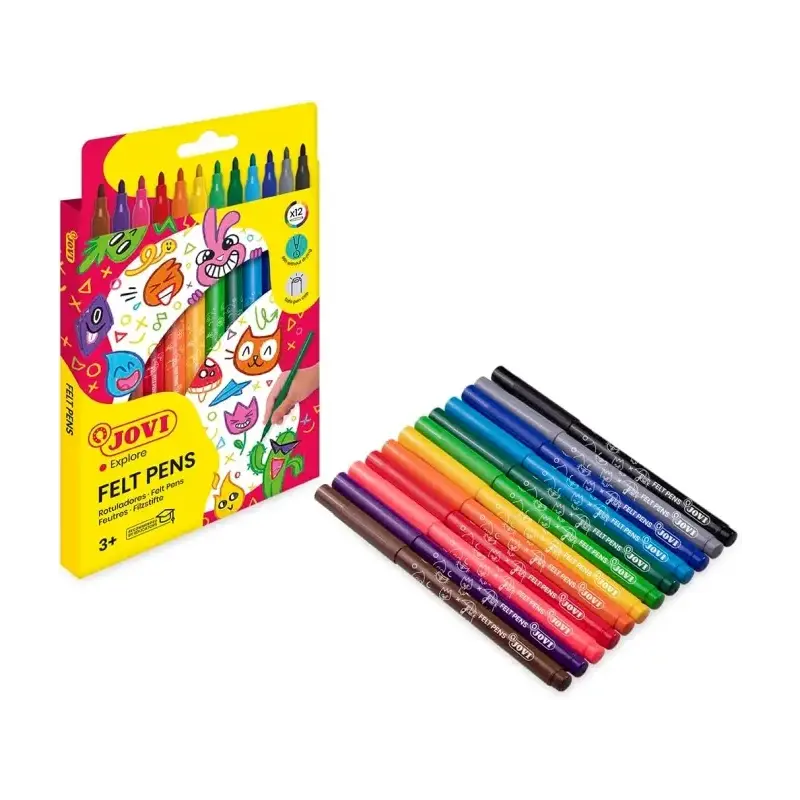 Jovi Felt Pens Pack de 12 Rotuladores - Punta de 3mm - Amplia Variedad de Tonos - Tinta de Gran Fijacion - Capuchon de Ventilado
