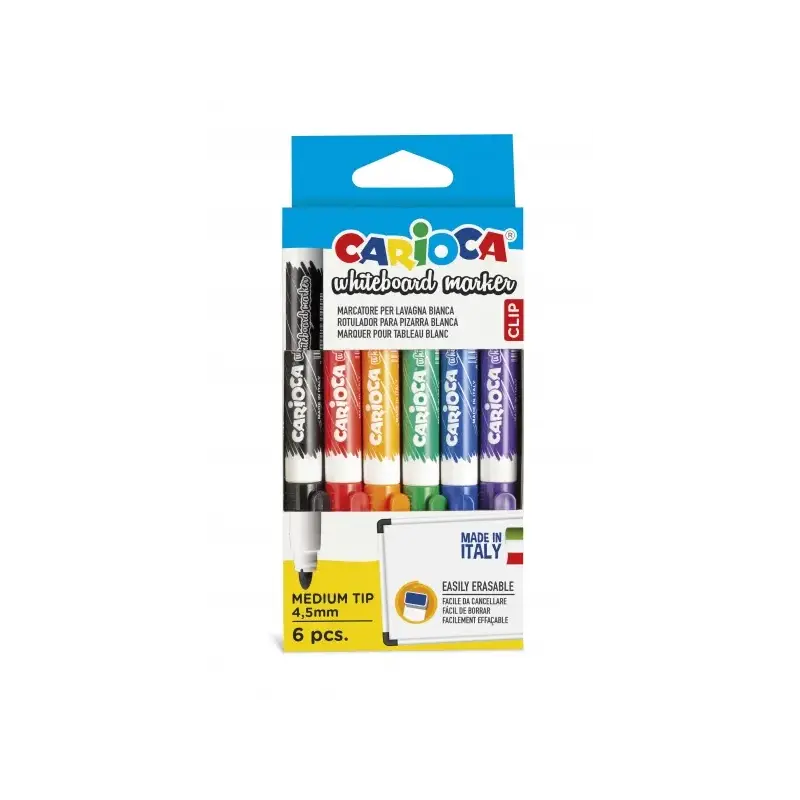 Carioca Pack de 6 Rotuladores para Pizarra Blanca - Punta de Ø 4.5mm - Tapa con Clip - Se Borra Facilmente y Se Seca Rapidamente