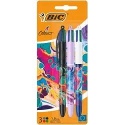 Bic 4 Colours Decors Hydro Pack de 3 Boligrafos de Bola Retractil - Punta Media de 1.0mm - Tinta con Base de Aceite - 4 Colores