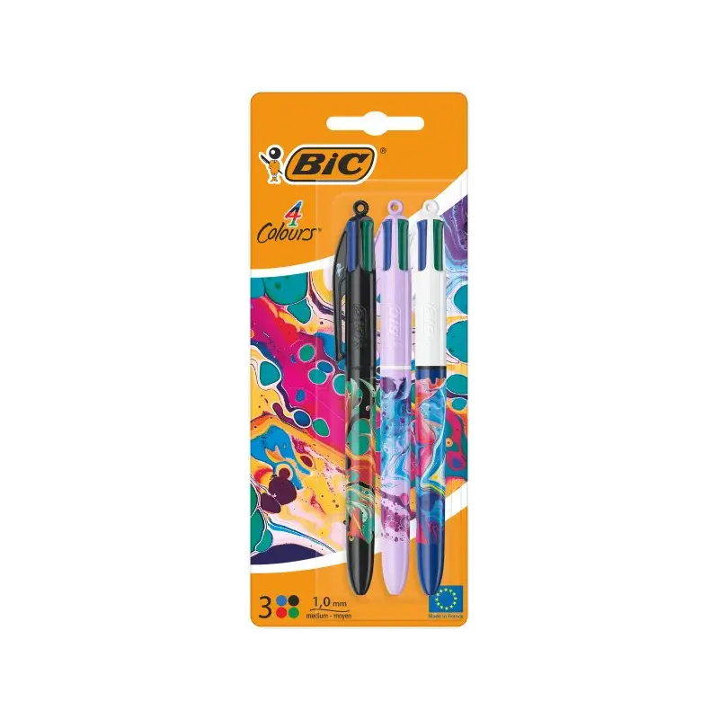 Bic 4 Colours Decors Hydro Pack de 3 Boligrafos de Bola Retractil - Punta Media de 1.0mm - Tinta con Base de Aceite - 4 Colores