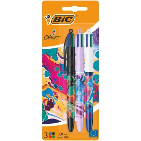 Bic 4 Colours Decors Hydro Pack de 3 Boligrafos de Bola Retractil - Punta Media de 1.0mm - Tinta con Base de Aceite - 4 Colores
