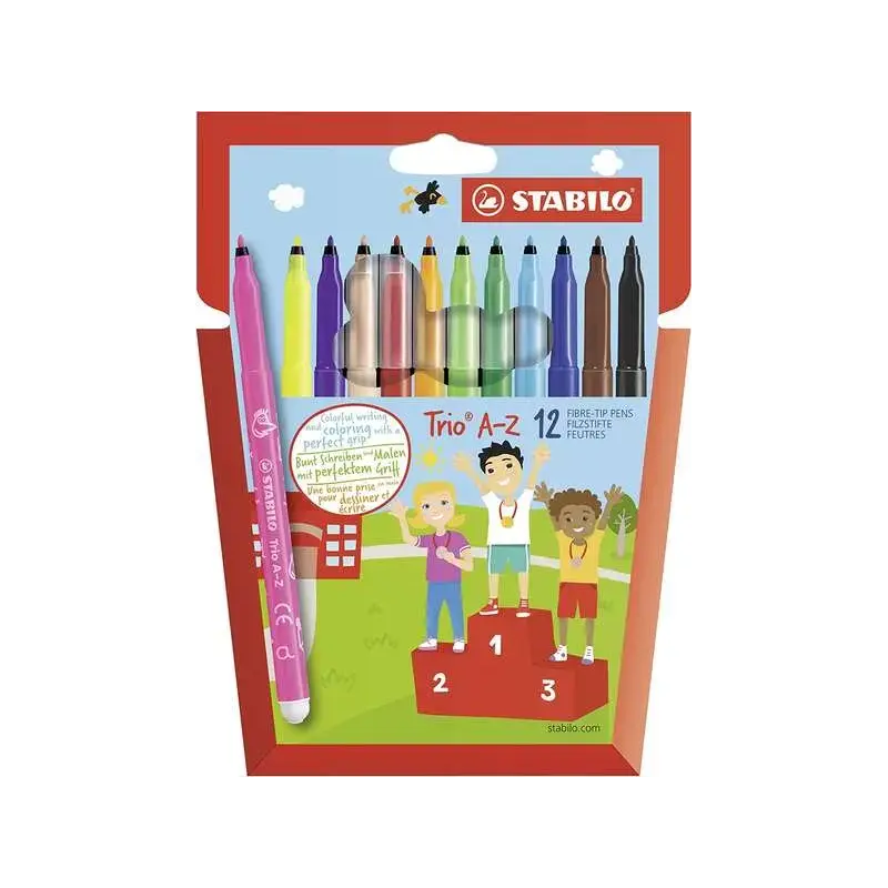 Stabilo Trio A-Z Pack con 12 Rotuladores de Punta Fina de Fibra - Trazo 0.7mm - Tinta Super Lavable - Forma Triangular - Colores