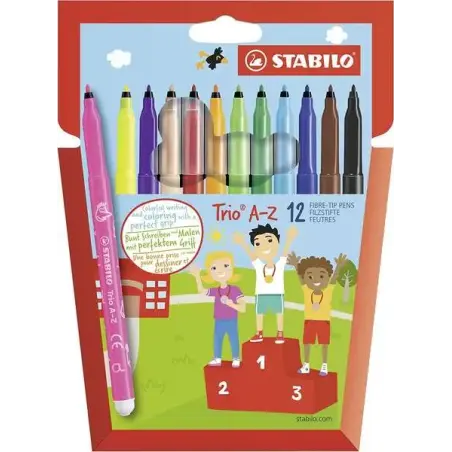 Stabilo Trio A-Z Pack con 12 Rotuladores de Punta Fina de Fibra - Trazo 0.7mm - Tinta Super Lavable - Forma Triangular - Colores