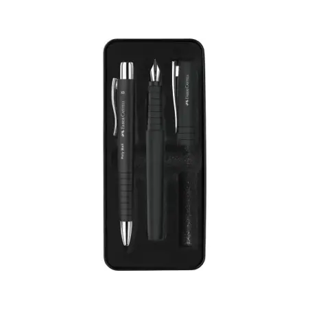 Faber-Castell Poly Pack de Boligrafo Poly Ball y Pluma Estilografica Poly Pen con Plumin B - Clip de Metal - Color Negro | Ahorr