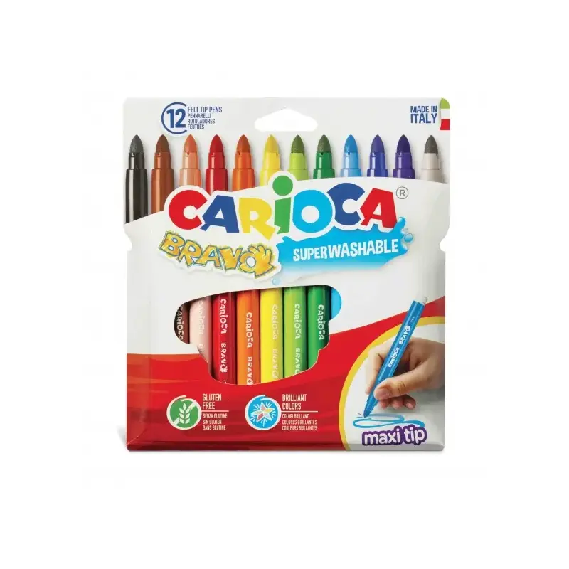 Carioca Bravo Pack de 12 Rotuladores - Cuerpo Octogonal Maxi - Tinta Superlavable - Punta Maxi 6mm Bloqueada - Tapa Ventilada -