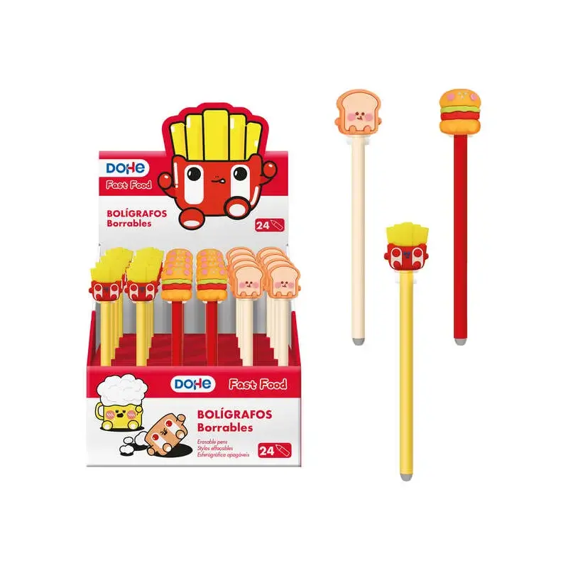 Dohe Expositor de 24 Boligrafos Borrables - Punta Bola Metalica 1mm - Trazo 0.5mm - Capuchon Decorado con Motivos de Alimentos -