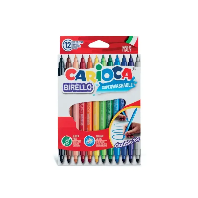 Carioca Birello Pack de 12 Rotuladores - Doble Punta Fina y Media - Tinta Superlavable No Toxica - Lavable de la Piel y Tejidos