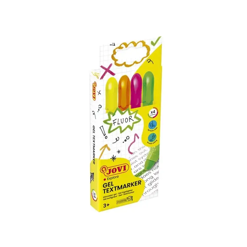 Jovi Gel Textmarker Pack con 4 Marcadores de Texto Fluorescentes - Gel en Seco - No Traspasan - Secado Rapido - Aptos para Luz N