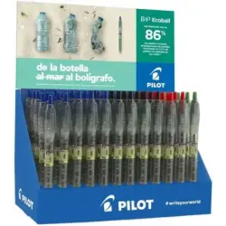 Pilot Expositor 60 Boligrafos de Bola Retractiles B2P Ecoball BeGreen + 10 B2P Gel BeGreen - 86,64% de Plastico Reciclado - Reca