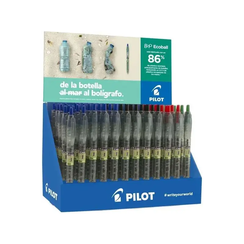 Pilot Expositor 60 Boligrafos de Bola Retractiles B2P Ecoball BeGreen + 10 B2P Gel BeGreen - 86,64% de Plastico Reciclado - Reca