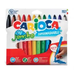 Carioca Jumbo Pack de 12 Rotuladores - Cuerpo Octogonal Maxi - Tinta Superlavable - Punta Maxi 6mm Bloqueada - Tapa Ventilada -